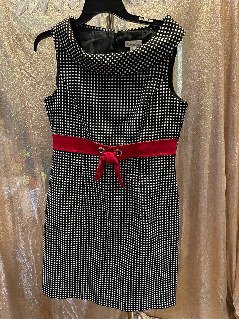 Kim Rogers Black and White Polka Dot Mini Dress with Red Waistband